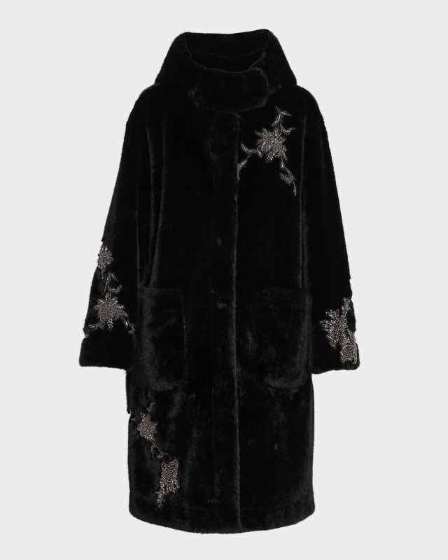 Peggy Crystal Applique Faux Fur Coat